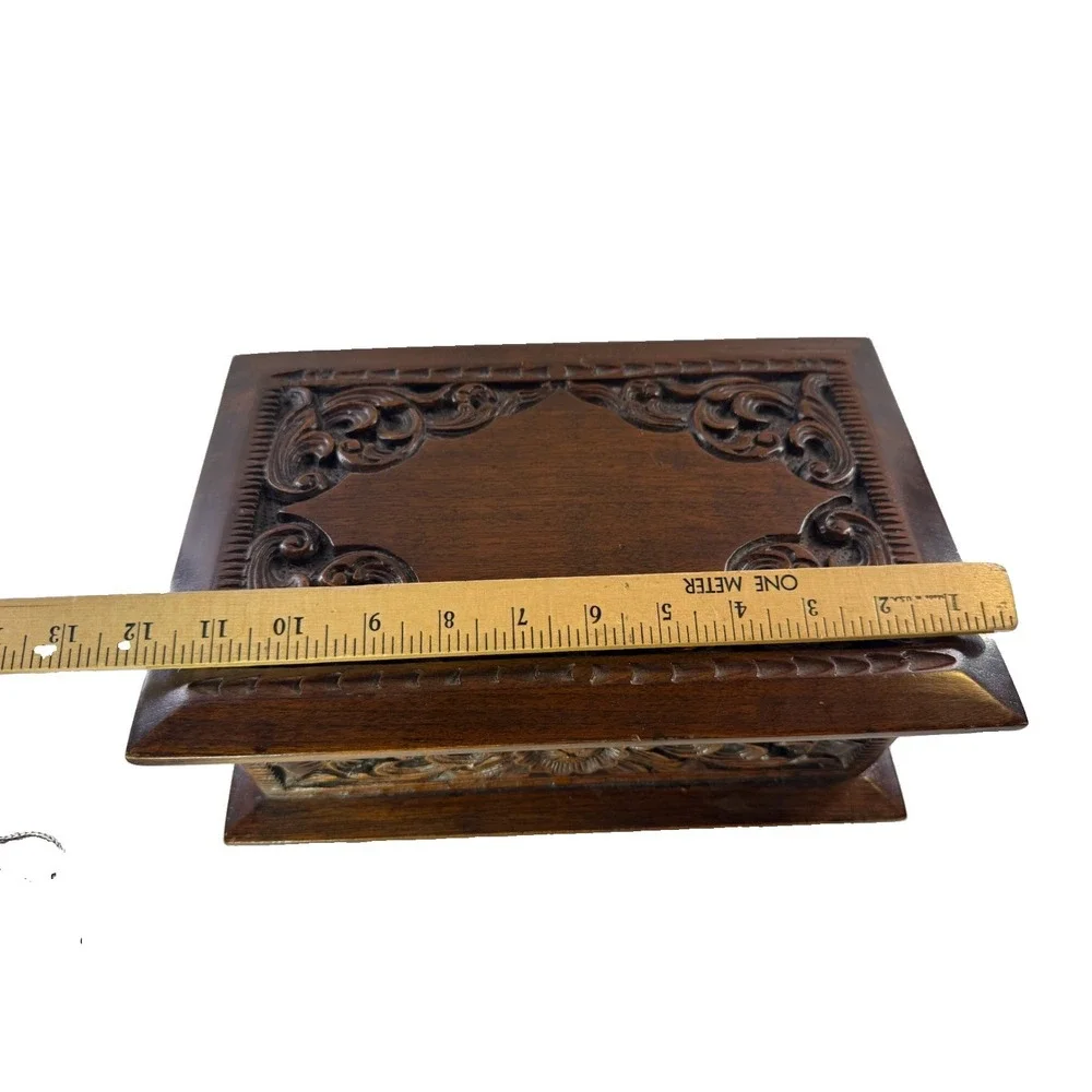 Vintage 1970s Thai Hand Carved Teak Jewelry Box Velvet Lining Tony M. Chiangmai